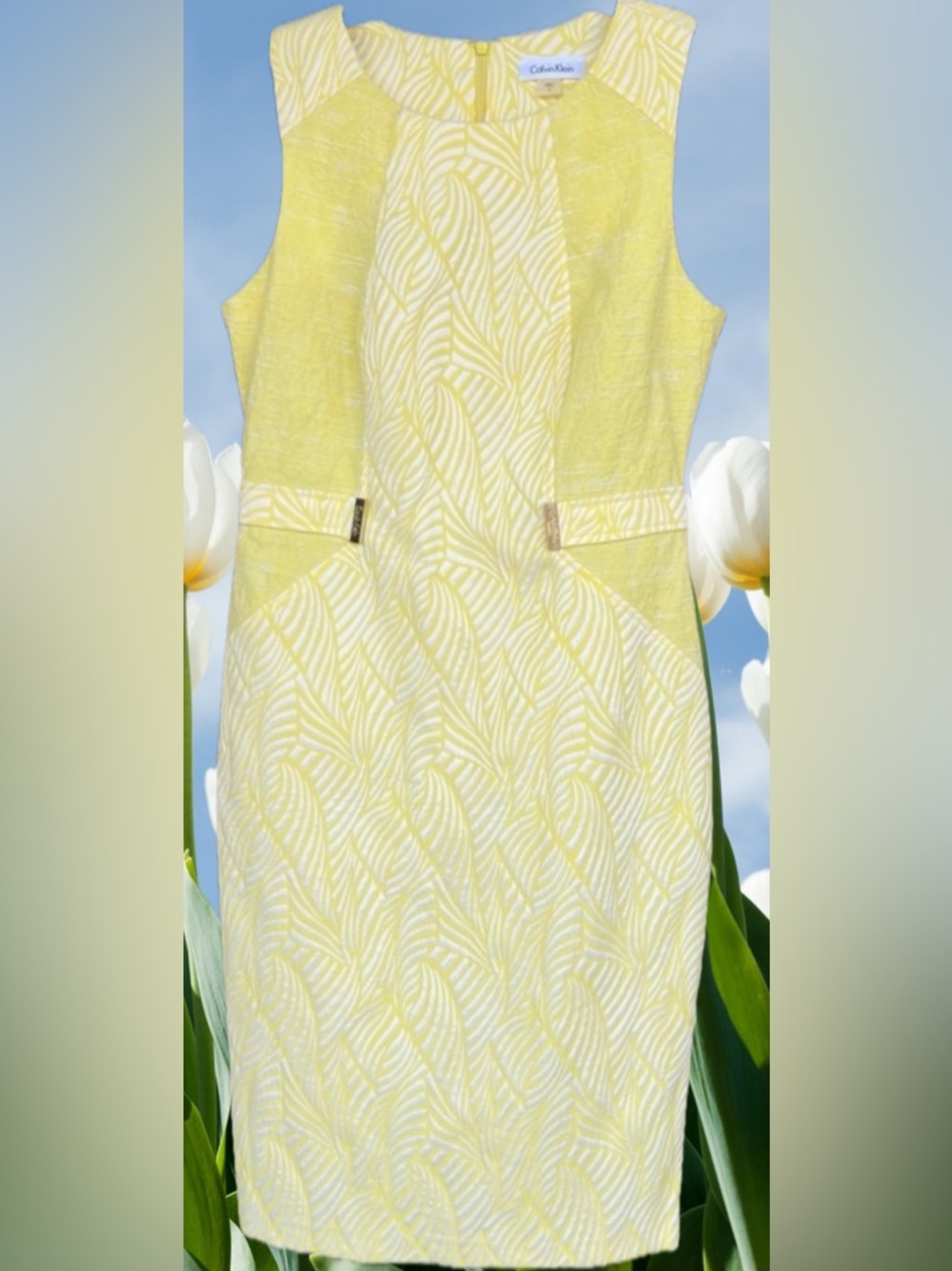 Calvin Klein Yellow and White Patterned Dress